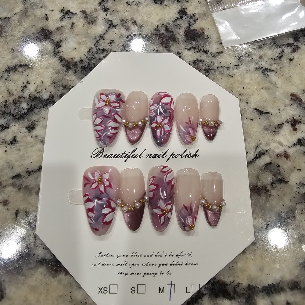 Handmade Acrylic Press On Nails Pink Purple Floral Medium
